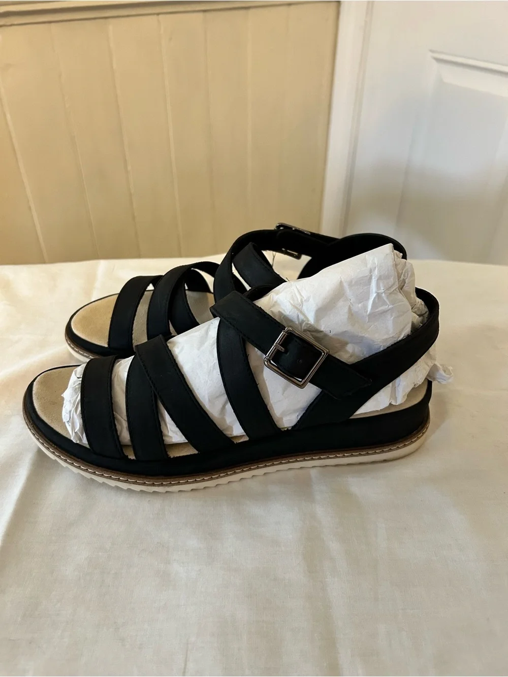 NWOT Easy Street Madeline Black Wedge Platform Sandals/Size 10 WW(Extra Wide)